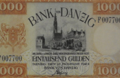 W Wolnym Mieście Gdańsku obowiązywała osobna waluta. Na zdjęciu tysiąc guldenów. Ze zbiorów Strefy Historycznej Wolnego Miasta Gdańska.